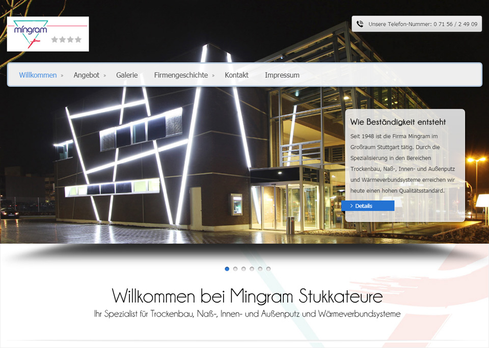 Homepage-Erstellung für Mingram Stukkateurbetriebsgesellschaft mbH, 70839 Gerlingen (bei Stuttgart)